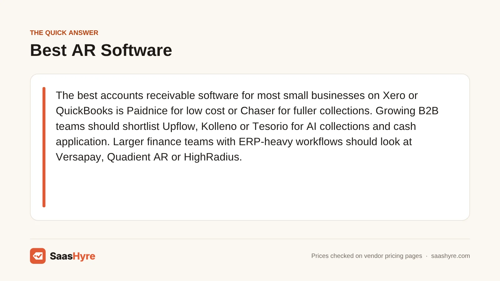 Quick answer card on the best accounts receivable software: Paidnice, Chaser, Upflow, Kolleno, Tesorio and enterprise picks