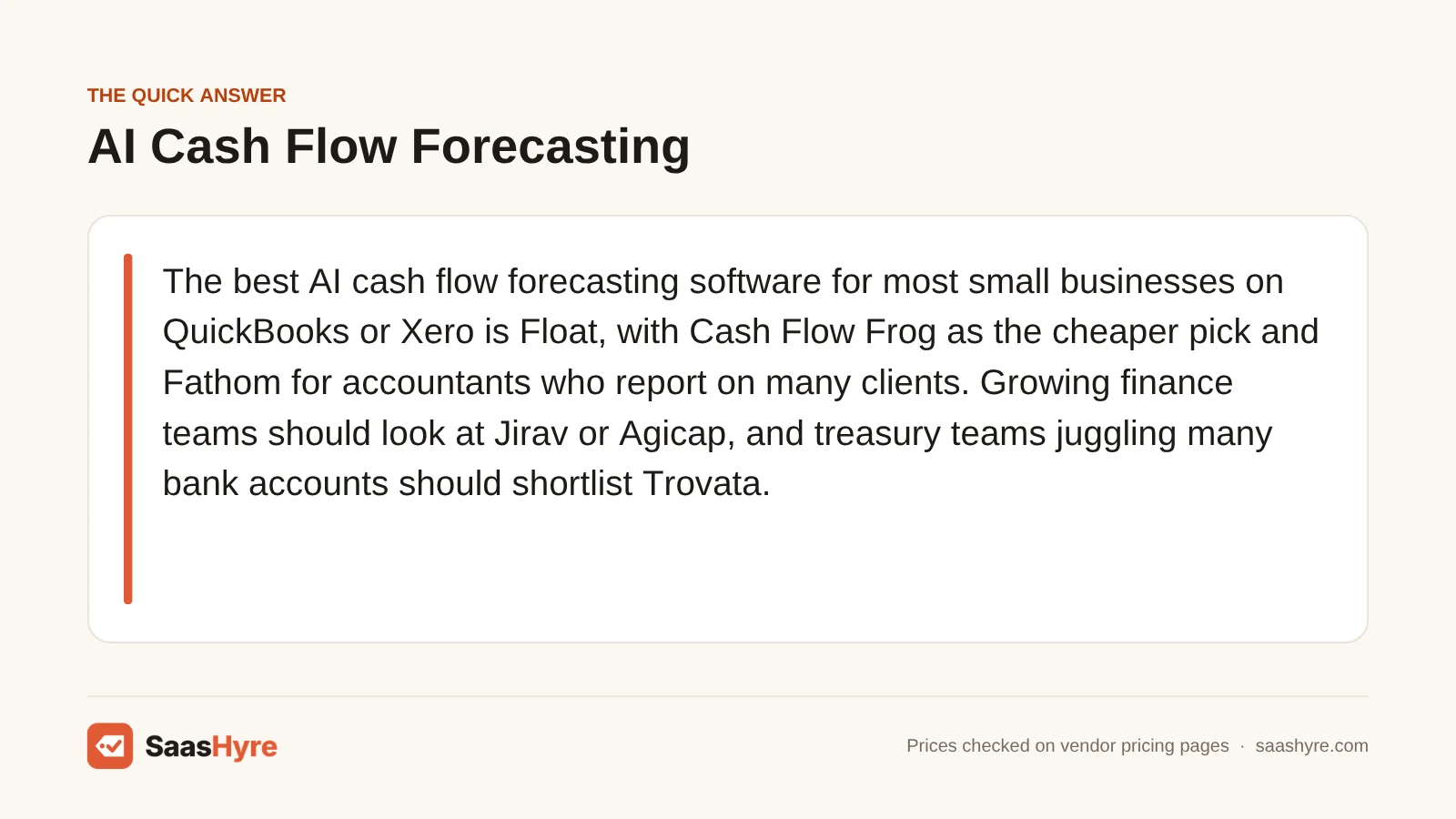 Quick answer card: Float leads AI cash flow forecasting for QuickBooks and Xero users, with Cash Flow Frog, Fathom, Jirav, Agicap and Trovata next.