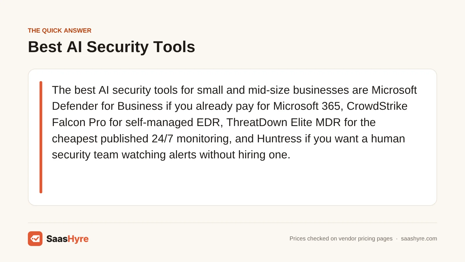 Quick answer card: the best AI security tools are Microsoft Defender for Business, CrowdStrike Falcon Pro, ThreatDown Elite MDR and Huntress.