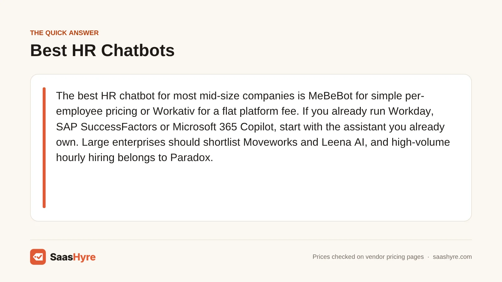 Quick answer card: MeBeBot or Workativ is the best HR chatbot for most mid-size companies, with Moveworks, Leena AI and Paradox for large enterprises.