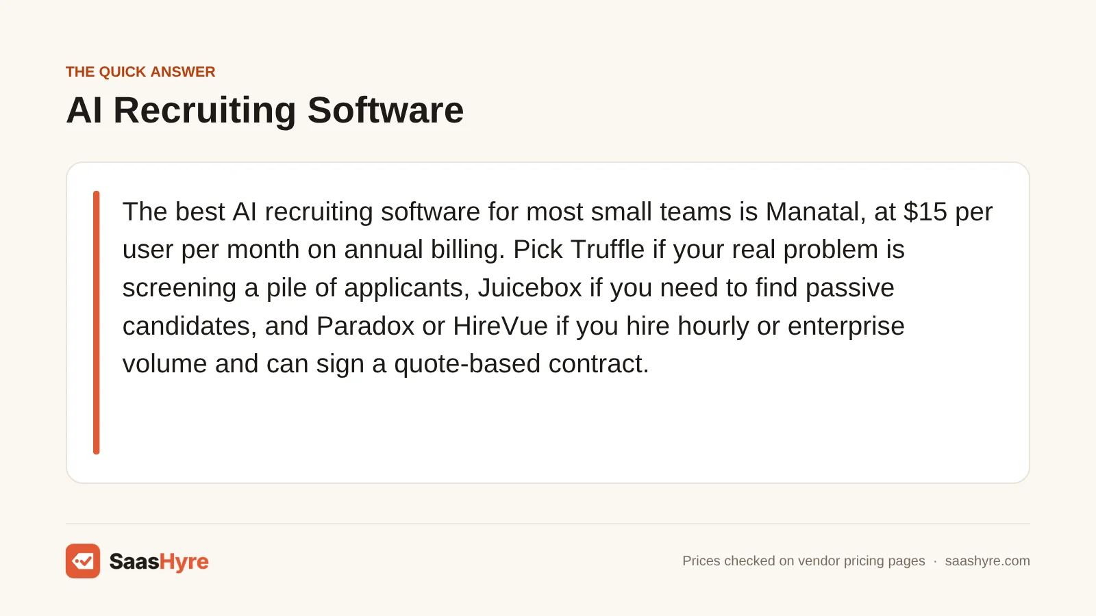 Quick answer card on AI recruiting software: Manatal for small teams, Truffle, Juicebox, Paradox and HireVue