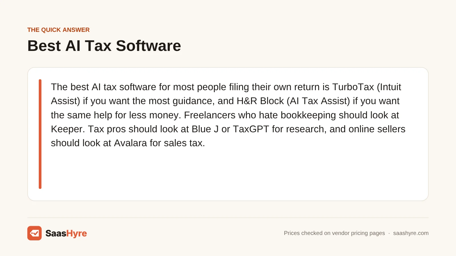 Quick answer card naming TurboTax as the best AI tax software for most buyers, with H&R Block, Keeper, Blue J and Avalara as alternatives