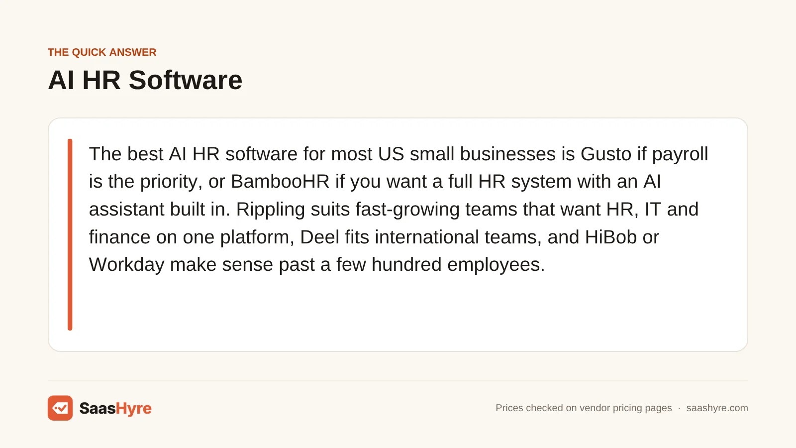 Quick answer card on the best AI tools for HR: Gusto, BambooHR, Rippling, Deel, HiBob and Workday