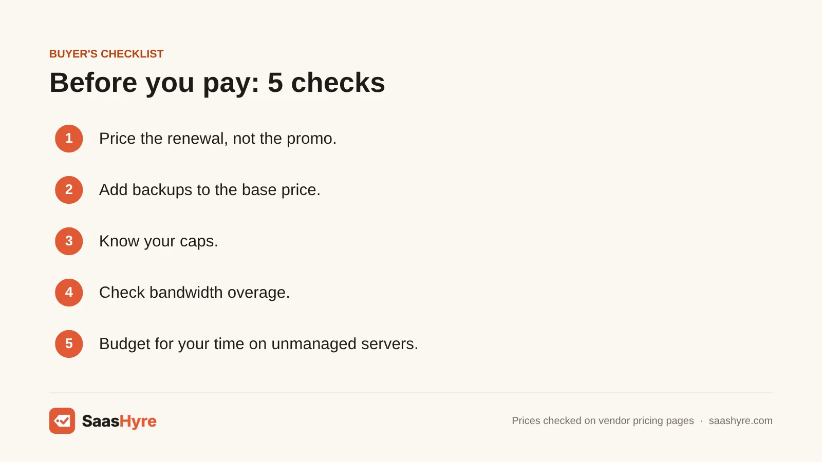 Buyer's checklist for choosing cloud hosting: renewal prices, backup costs, plan caps, bandwidth overage and admin time