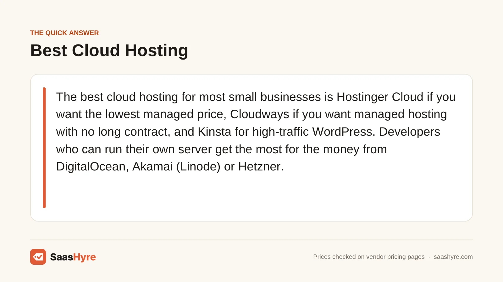 Quick answer card naming Hostinger Cloud as the best cloud hosting for most buyers, with Cloudways, Kinsta and DigitalOcean as alternatives