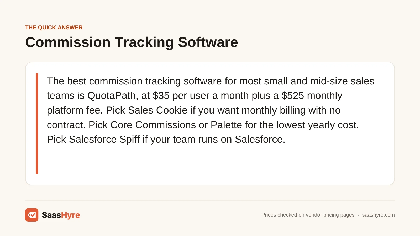 Quick answer card: QuotaPath is the best commission tracking software at $35 per user plus $525 a month, with Sales Cookie for no-contract billing.
