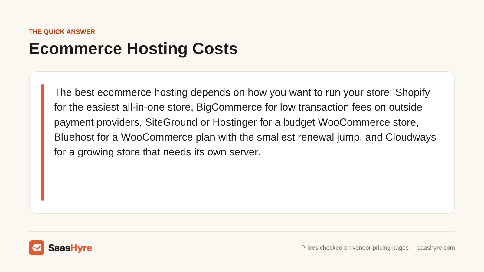 Quick answer card on the best ecommerce hosting: Shopify, BigCommerce, SiteGround or Hostinger, Bluehost and Cloudways