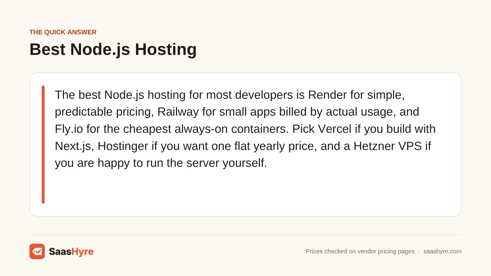 Quick answer card on Node.js hosting: Render, Railway, Fly.io, Vercel for Next.js, Hostinger and Hetzner