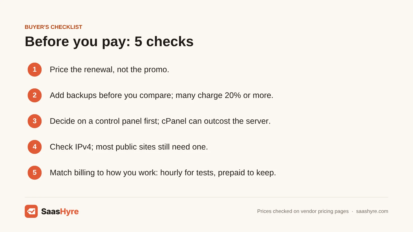 Buyer's checklist for choosing VPS hosting: renewal price, backup costs, control panel, IPv4 and billing model