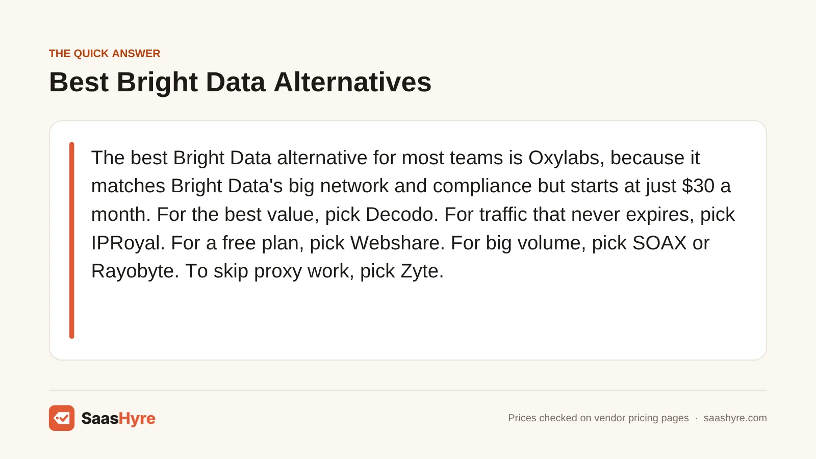 Quick answer card: the best Bright Data alternatives are Oxylabs, Decodo, IPRoyal, Webshare, SOAX, Rayobyte and Zyte