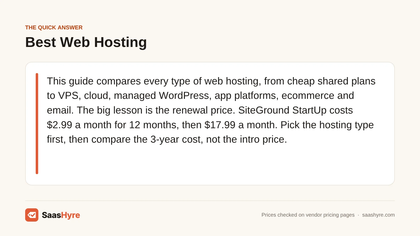 Quick answer card: best web hosting depends on type, and SiteGround StartUp goes from $2.99 to $17.99 a month after 12 months.