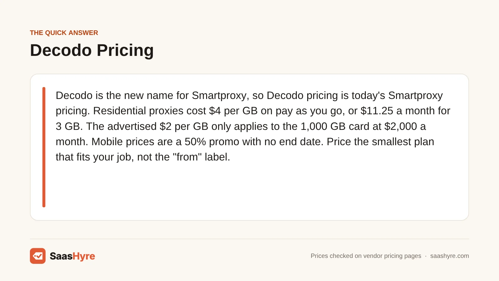 Quick answer card: Decodo residential proxies cost $4 per GB on pay as you go or $11.25 a month for 3 GB, and $2 per GB needs the 1,000 GB card