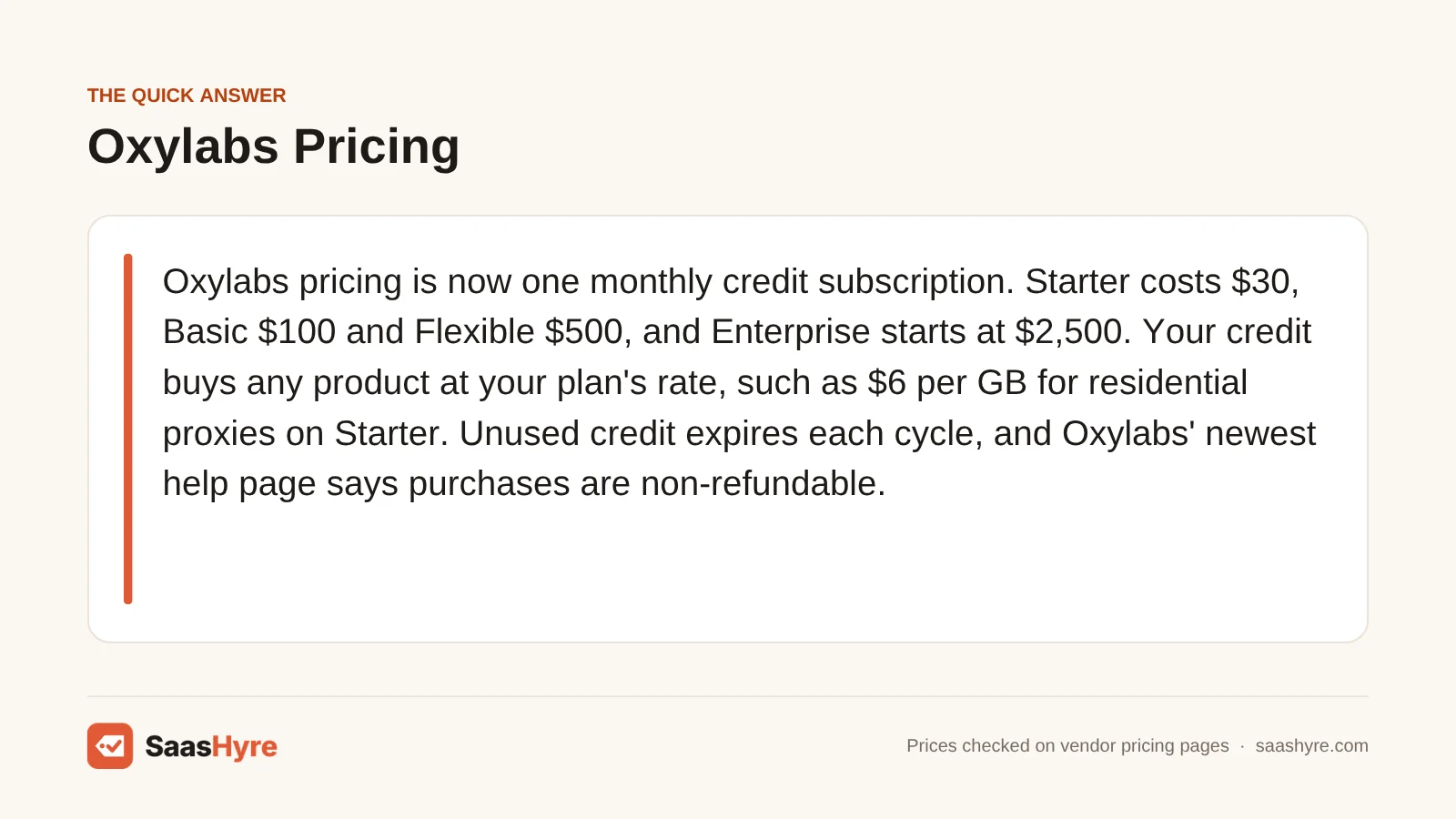 Quick answer card: Oxylabs is one monthly credit subscription, with Starter at $30, Basic $100, Flexible $500 and Enterprise from $2,500.